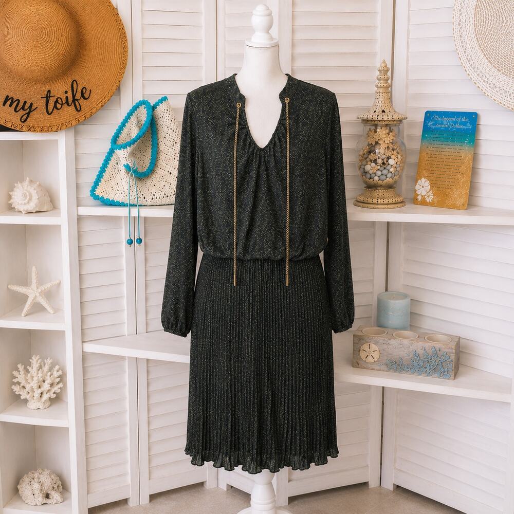 Michael Kors Deep Green & Black‎ Python Pleated Midi Dress Gold Chains SZ 8